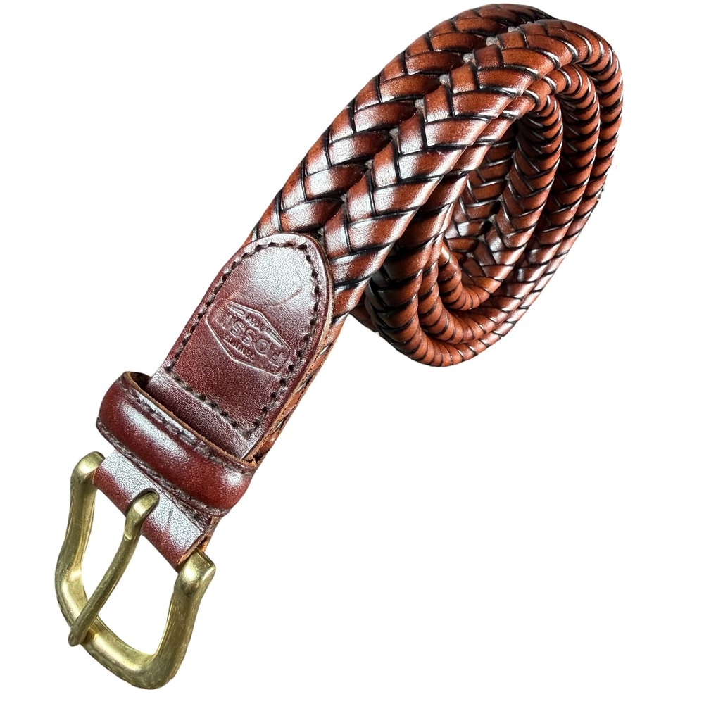 Fossil Braided Woven Belt Mens 32 Brown Leather Brass Buckle Casual Classic